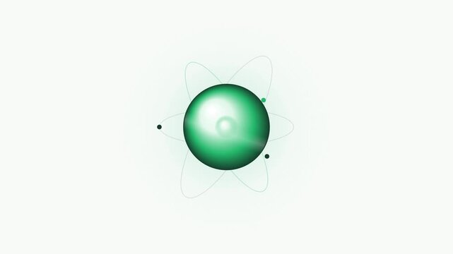 A glowing green atomic structure with orbiting electrons representing science and quantum energy