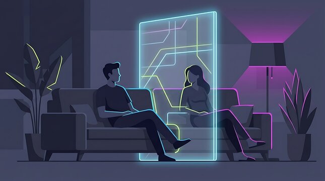 A couple sits together on a sofa in a living room as they interact with a glowing digital interface screen floating between them during a relaxed evening spent engaging with futuristic