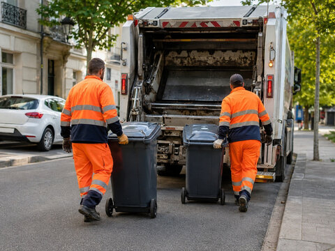 Sanitation workers collecting household waste in urban street