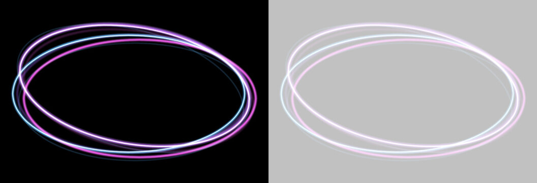Elliptical neon light rings create a mirrored double frame effect. The glowing lines blend soft pink and blue hues with a smooth, continuous curvature.
