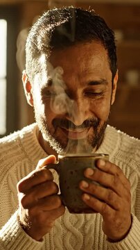 Cozy Moments: A Warm-Hearted Individual Sipping Tea in a Knitted Sweater, Enjoying Comfort on a Chilly Day with Steam Rising from a Cup