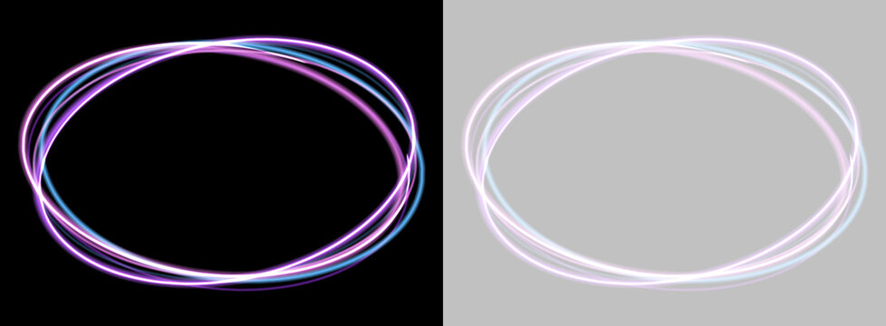 Entwined neon light rings form two overlapping circular shapes. The glowing lines exhibit vibrant pink and blue hues with smooth, flowing motion. This luminous design is perfect for.
