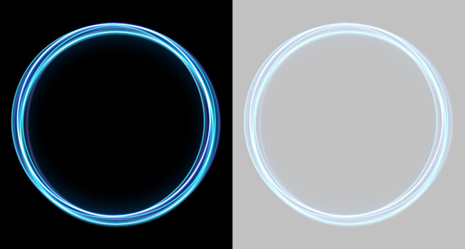 Dual glowing rings emit a neon-like blue light on a dark background. The rings display smooth, continuous curves with a bright luminous intensity and subtle gradient.