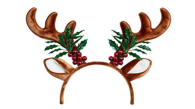 Brown velvet reindeer antler headband with green holly leaves and red berries
