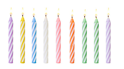 Row of colorful striped birthday candles with lit flames © Veikko