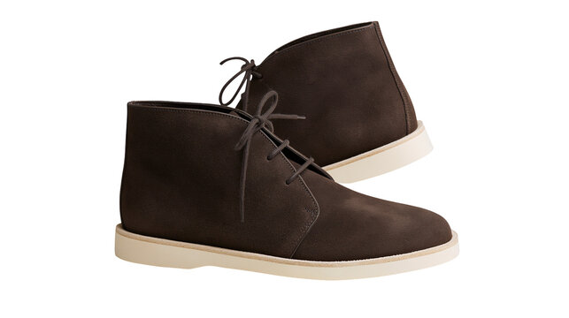 Dark brown suede leather desert boots with white rubber soles and lace-up closure