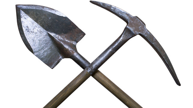 Crossed vintage metal shovel and pickaxe with weathered wooden handles