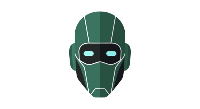 A stylized flat design illustration of a futuristic green robot or cyborg head with glowing blue eyes, depicted against a white background.