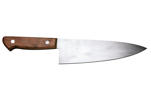 Stainless steel kitchen chef knife with wooden handle and metal rivets
