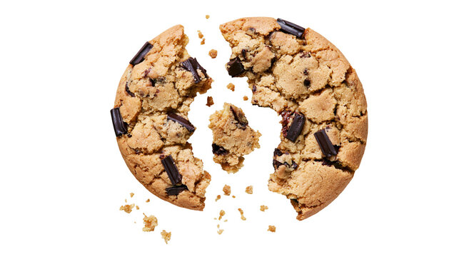 Broken chocolate chip cookie with crumbs and dark chocolate chunks