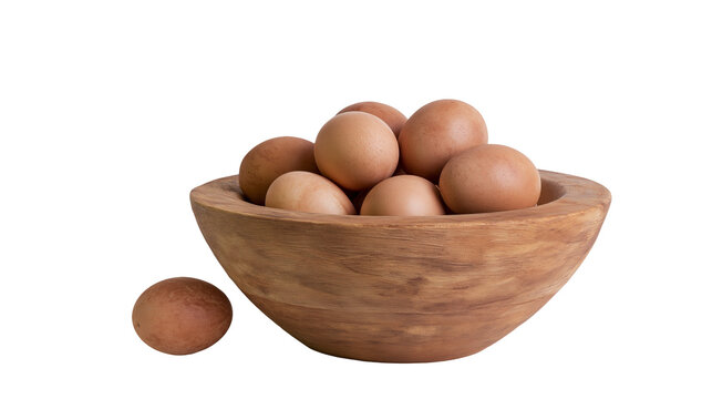 Fresh brown chicken eggs in a rustic wooden bowl with one egg on the side