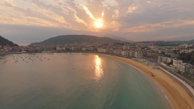 Morning Sunrise Aerial Drone San Sebasti&aacute;n Beach La Concha Spain