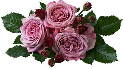 Bouquet of blooming mauve roses with dark red buds and green serrated leaves © Veikko