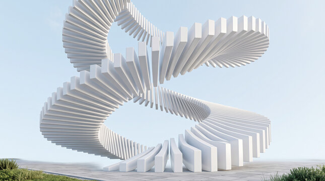 spiral staircase in the skyAbstract 3D render of white curved parametric lines forming a wavy architectural structure against a blue sky. Minimalist