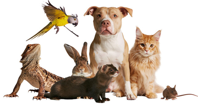 Group of diverse domestic pets including a dog cat rabbit ferret lizard, bird