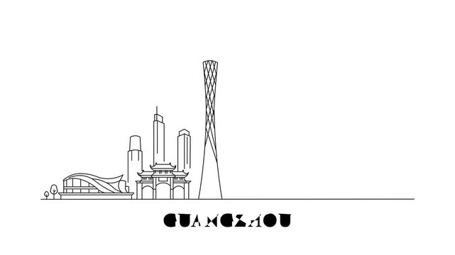 Minimalist skyline of Guangzhou in black lines on white
