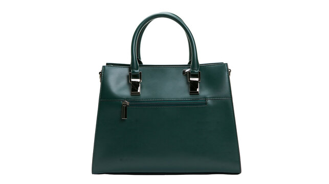 Dark green leather handbag with silver metal hardware and top handles