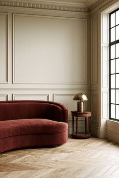 Living room with burgundy velvet sofa and vintage walnut table. Soft light highlights classic interior