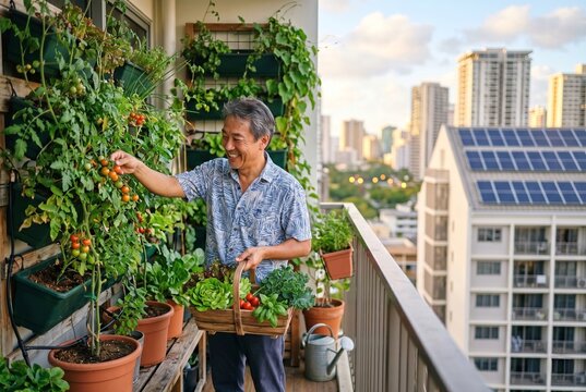 Sustainable Urban Farming: Senior Man Harvesting Vegetables on Apartment Balcony Garden