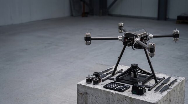 Conceptual disassembled industrial drone parts with spare brushless motors and precision screwdriver toolkit for maintenance