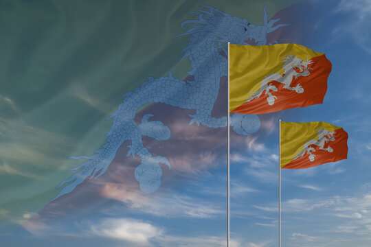Card for Independence day National flags of Bhutan waving in sky