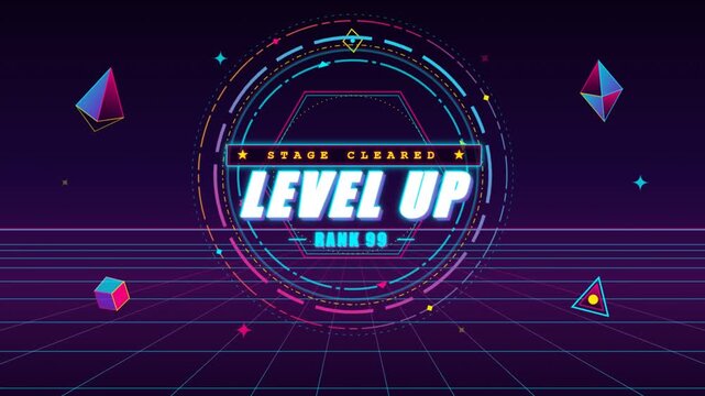 Retro arcade game level up animation with glowing neon graphics and geometric shapes