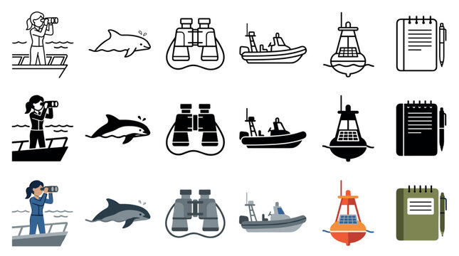Marine icons set featuring woman observing wildlife, dolphin, binoculars, boat, navigation buoy, and a notebook for recording observations.