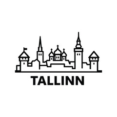 Fototapeta premium Tallinn cityscape with medieval defensive towers, church spire, old town walls and historic roofs, clean black outline icon for sightseeing, architecture, tourism and world city guides
