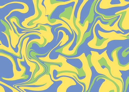 Abstract liquid marble texture background with yellow, blue and green fluid swirls