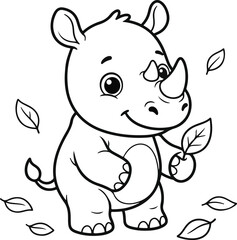 Obraz premium Cute cartoon baby rhinoceros standing and holding a leaf, simple line art coloring page for kids