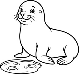 Fototapeta premium Cute cartoon seal character with a small pond, black and white line art illustration for coloring book