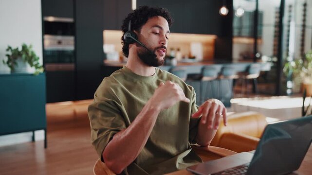 Man, laptop and virtual meeting at house, finance or investment consulting workshop with talking. Tech, WFH agent and video call for financial seminar, advice or guide for money management upskilling