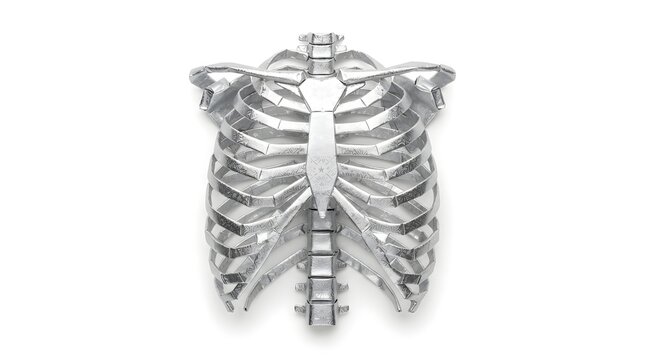 Silver foil rib cage sculpture isolated on white background for medical or artistic design
