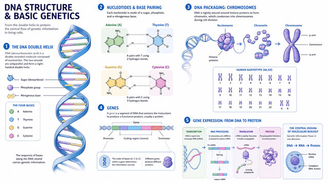Premium educational medical infographic illustrating DNA structure and basic genetics, detailed double helix, nucleotide pairs, chromosomes and simplified gene expression pathway
