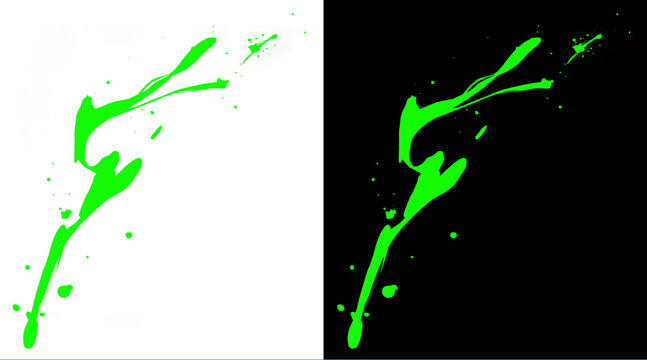 Neon green paint splash on black and white backgrounds. Vibrant liquid splatter illustration. Abstract lime ink drip for creative design projects.