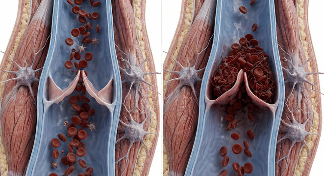 Comparison Diagram of Normal Venous Blood Flow and Vein Thrombosis Clot