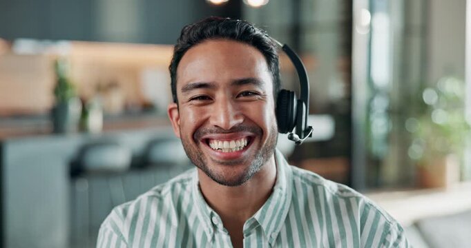 Video call, face and smile with man in home for online meeting, headset and pr advisor. Virtual consultant, planning and contact with person and tech in house for feedback, project and webinar