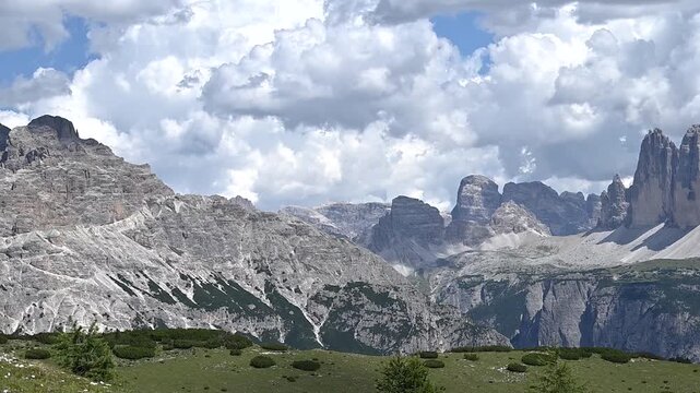 Iconic, dreamlike Dolomites. The Sesto Dolomites, between Monte Cristallo and the Tre Cime di Lavaredo in summer. With hiking and climbing.