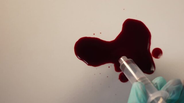 Top view of plastic pipette suctioning blood pool on right side, left copy space, clinical scientific lab sampling for forensic investigation 