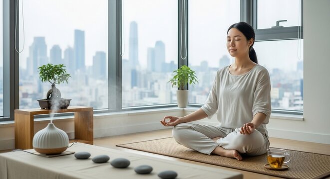 Woman meditating modern interior