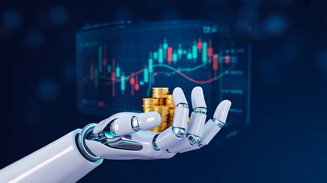 Robotic hand holding gold coins with a financial trading chart representing ai automation and investment