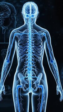 A Detailed Artistic Representation of a Human Body Showing Anatomical Structures Including Nervous System, Spinal Column, and Vascular System in Glowing Blue Colors