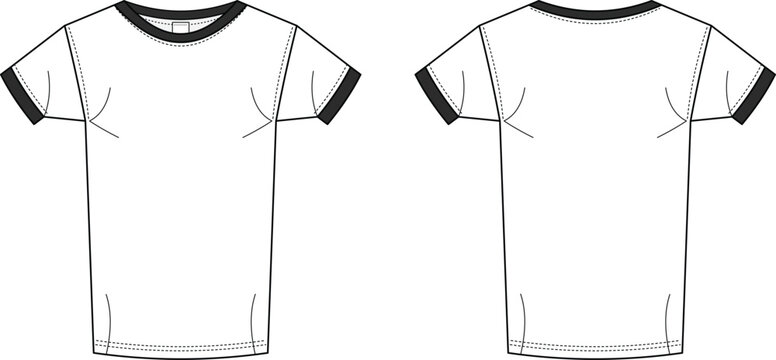Black and white flat sketch vector of a ringer t shirt with front and back view