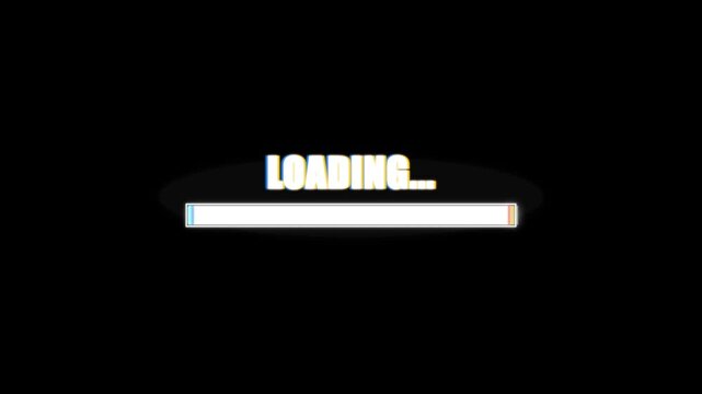 Loading bar animation with retro glitch effect on black background