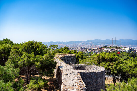 View of historic Kadifekale castle walls in Izmir.