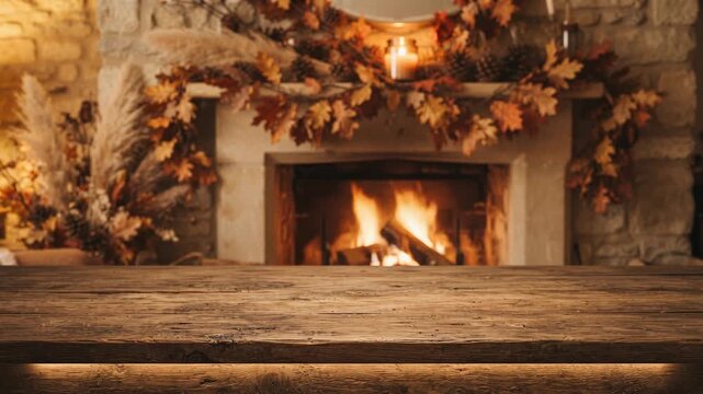 Empty rustic wooden table top with glowing fireplace and autumn oak leaves garland background Thanksgiving holiday product display mockup concept