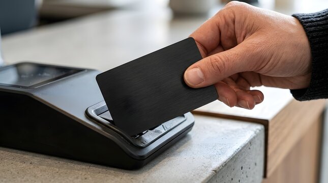 Close up of hand tapping black payment card on modern card reader