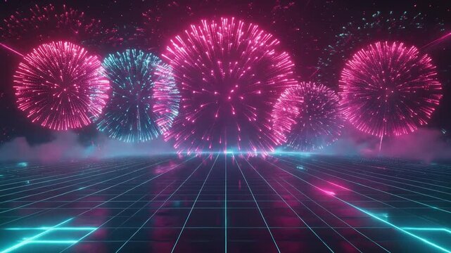 Futuristic synthwave fireworks explosion over glowing neon grid wireframe floor in dark night sky retro 80s holiday celebration concept