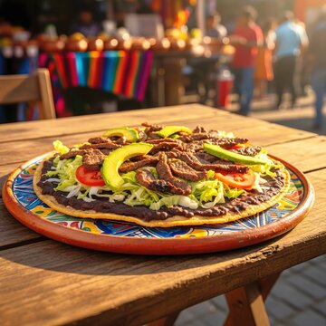 Authentic Mexican Tlayuda with Grilled Steak Avocado Slices and Beans on Wooden Table