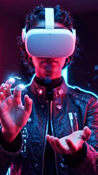 A futuristic virtual reality experience featuring a user engaged in an immersive digital environment, showcasing the interaction with glowing elements in a dark setting.